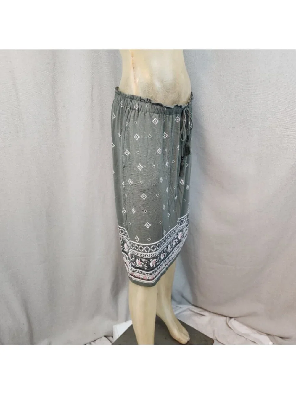J Jill Olive Green Geometric Print Aline Drawstring Elastic Waist Skirt SMALL